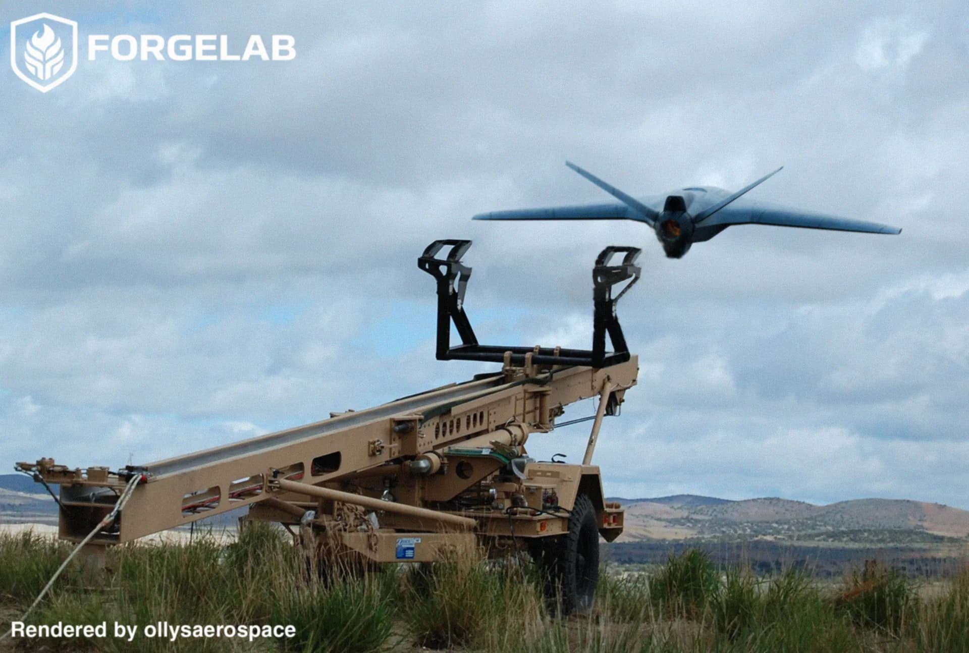 Concept render of a STRIX aircraft on a containerized rail launcher in desert terrain