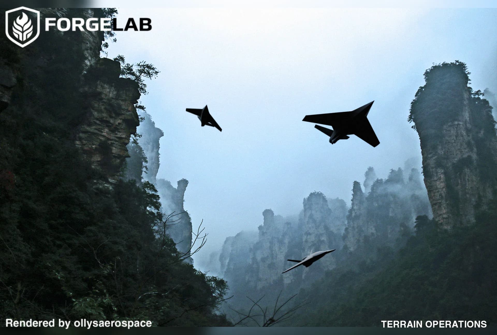 Concept render of STRIX aircraft maneuvering through steep misty terrain